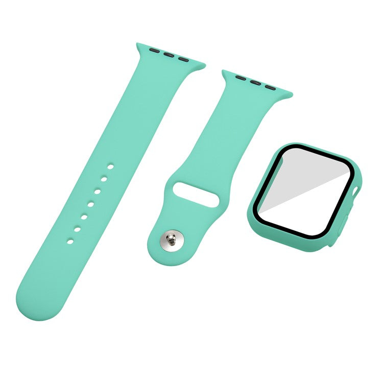 For Apple Watch Series 7 41mm Silicone Outdoor Sports Watch Band+Hard PC Case with Built-in Tempered Glass Screen Protector, Size S/M - Mint Green
