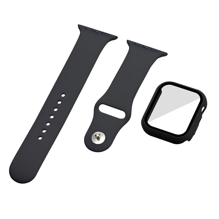 For Apple Watch Series 7 41mm Silicone Outdoor Sports Watch Band+Hard PC Case with Built-in Tempered Glass Screen Protector, Size S/M - Black