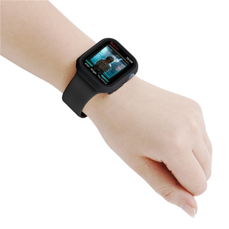 For Apple Watch Series 7 41mm Silicone Outdoor Sports Watch Band+Hard PC Case with Built-in Tempered Glass Screen Protector, Size S/M - Black