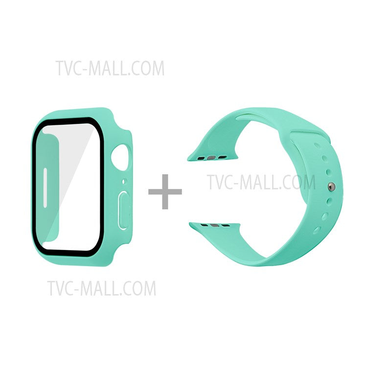 For Apple Watch Series 7 45mm Hard PC Watch Case with Tempered Glass Film + Silicone Watch Band, Size S / M - Mint Green