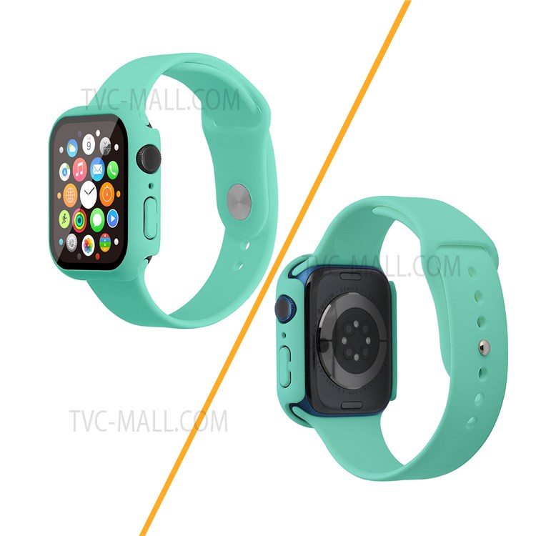 For Apple Watch Series 7 45mm Hard PC Watch Case with Tempered Glass Film + Silicone Watch Band, Size S / M - Mint Green