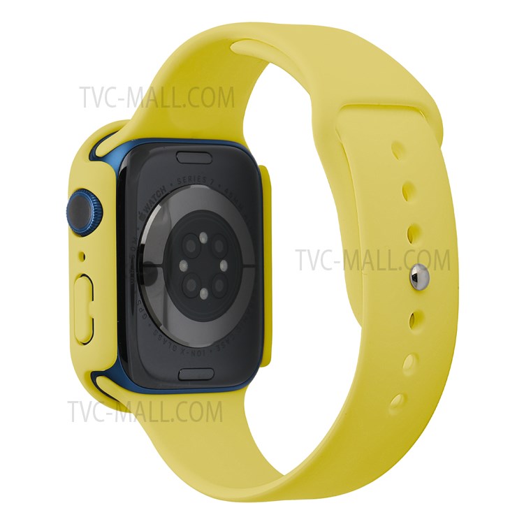 For Apple Watch Series 7 45mm Hard PC Watch Case with Tempered Glass Film + Silicone Watch Band, Size S / M - Yellow
