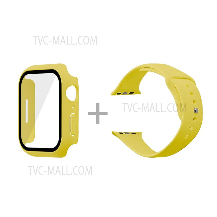 For Apple Watch Series 7 45mm Hard PC Watch Case with Tempered Glass Film + Silicone Watch Band, Size S / M - Yellow