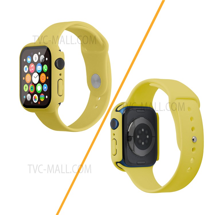 For Apple Watch Series 7 45mm Hard PC Watch Case with Tempered Glass Film + Silicone Watch Band, Size S / M - Yellow