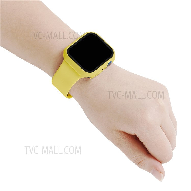 For Apple Watch Series 7 45mm Hard PC Watch Case with Tempered Glass Film + Silicone Watch Band, Size S / M - Yellow