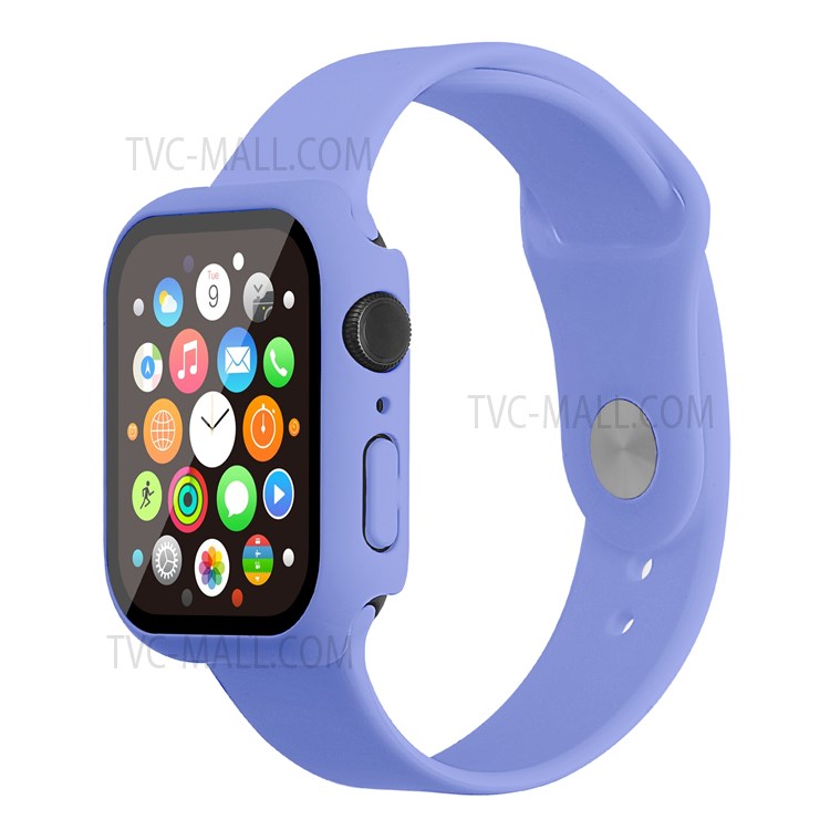 For Apple Watch Series 7 45mm Hard PC Watch Case with Tempered Glass Film + Silicone Watch Band, Size S / M - Lilac