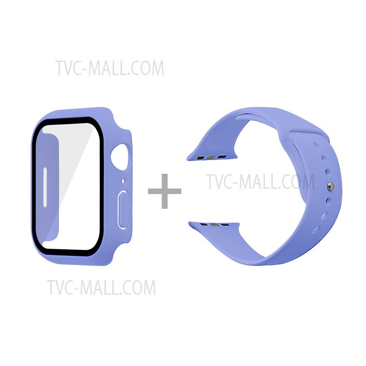 For Apple Watch Series 7 45mm Hard PC Watch Case with Tempered Glass Film + Silicone Watch Band, Size S / M - Lilac
