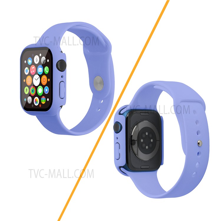 For Apple Watch Series 7 45mm Hard PC Watch Case with Tempered Glass Film + Silicone Watch Band, Size S / M - Lilac