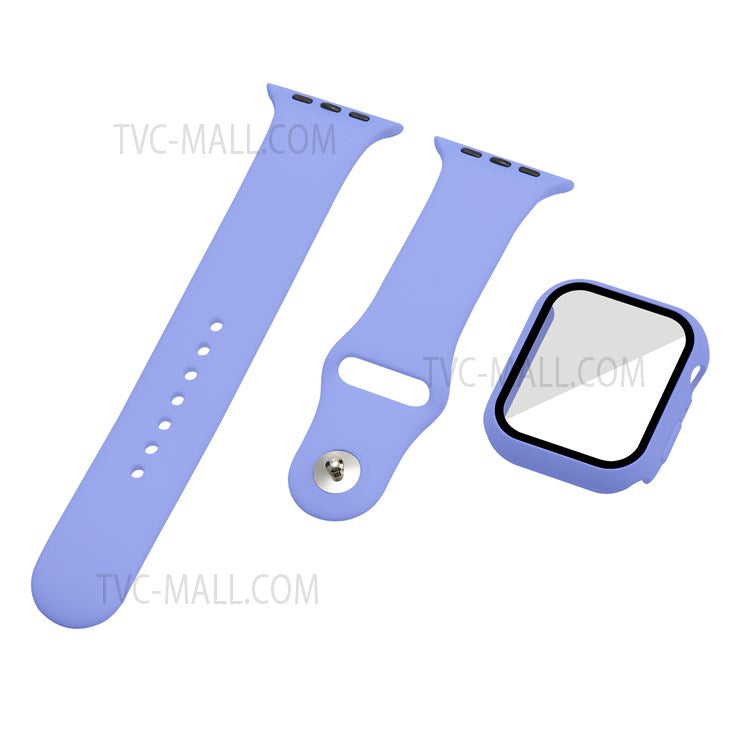For Apple Watch Series 7 45mm Hard PC Watch Case with Tempered Glass Film + Silicone Watch Band, Size S / M - Lilac