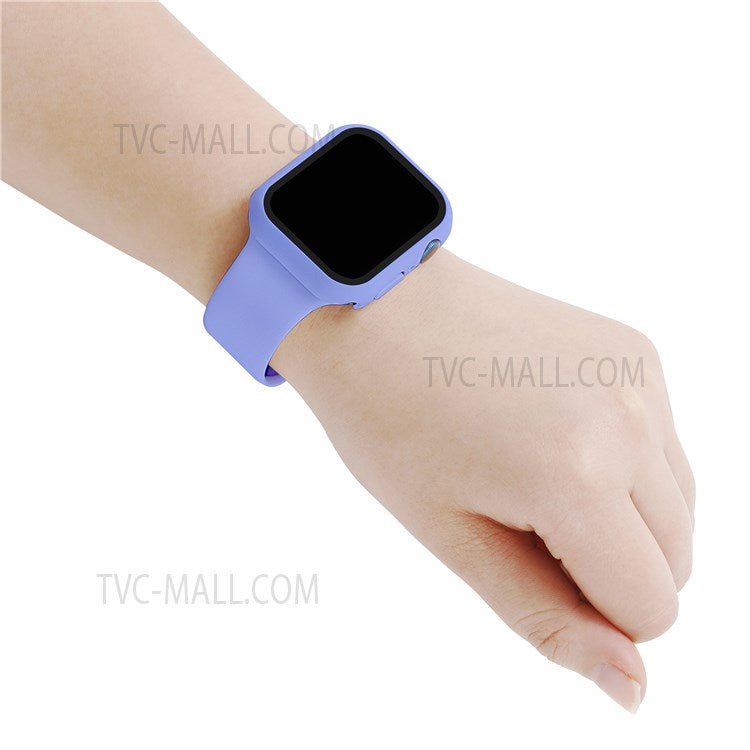 For Apple Watch Series 7 45mm Hard PC Watch Case with Tempered Glass Film + Silicone Watch Band, Size S / M - Lilac