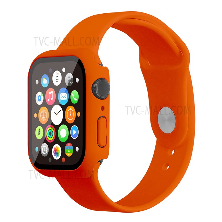 For Apple Watch Series 7 45mm Hard PC Watch Case with Tempered Glass Film + Silicone Watch Band, Size S / M - Orange