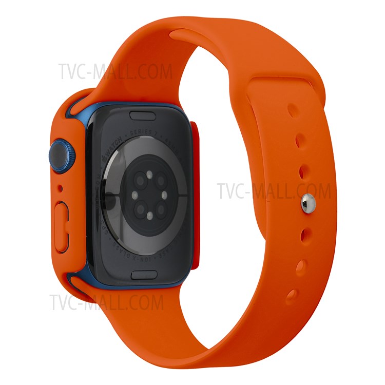 For Apple Watch Series 7 45mm Hard PC Watch Case with Tempered Glass Film + Silicone Watch Band, Size S / M - Orange