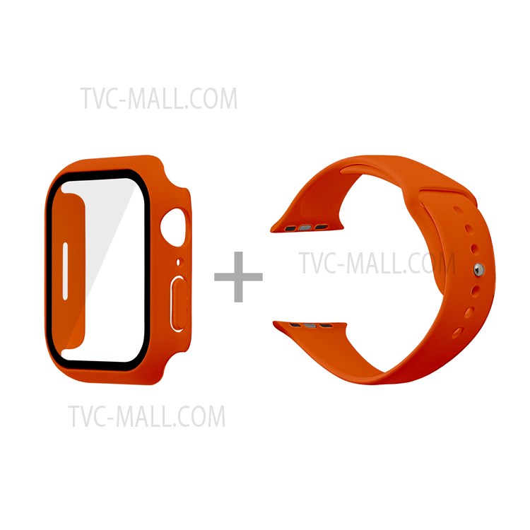 For Apple Watch Series 7 45mm Hard PC Watch Case with Tempered Glass Film + Silicone Watch Band, Size S / M - Orange