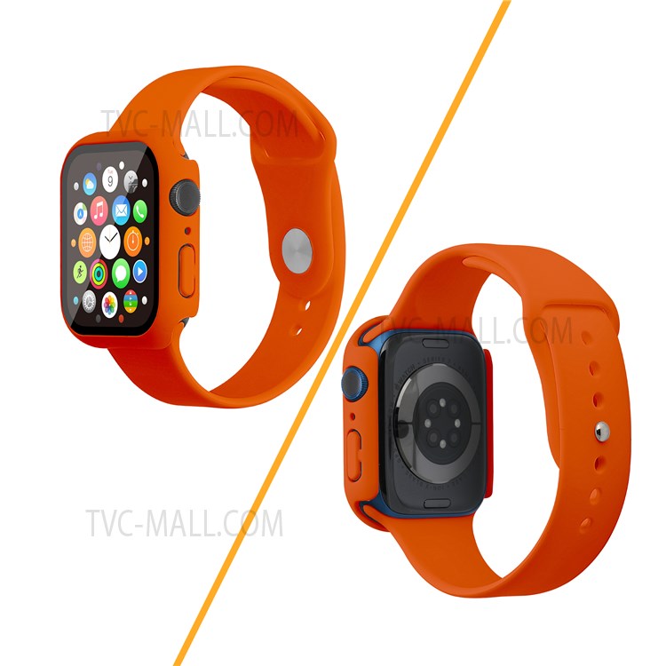 For Apple Watch Series 7 45mm Hard PC Watch Case with Tempered Glass Film + Silicone Watch Band, Size S / M - Orange