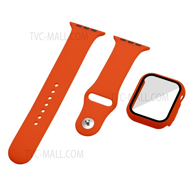 For Apple Watch Series 7 45mm Hard PC Watch Case with Tempered Glass Film + Silicone Watch Band, Size S / M - Orange
