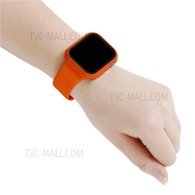 For Apple Watch Series 7 45mm Hard PC Watch Case with Tempered Glass Film + Silicone Watch Band, Size S / M - Orange