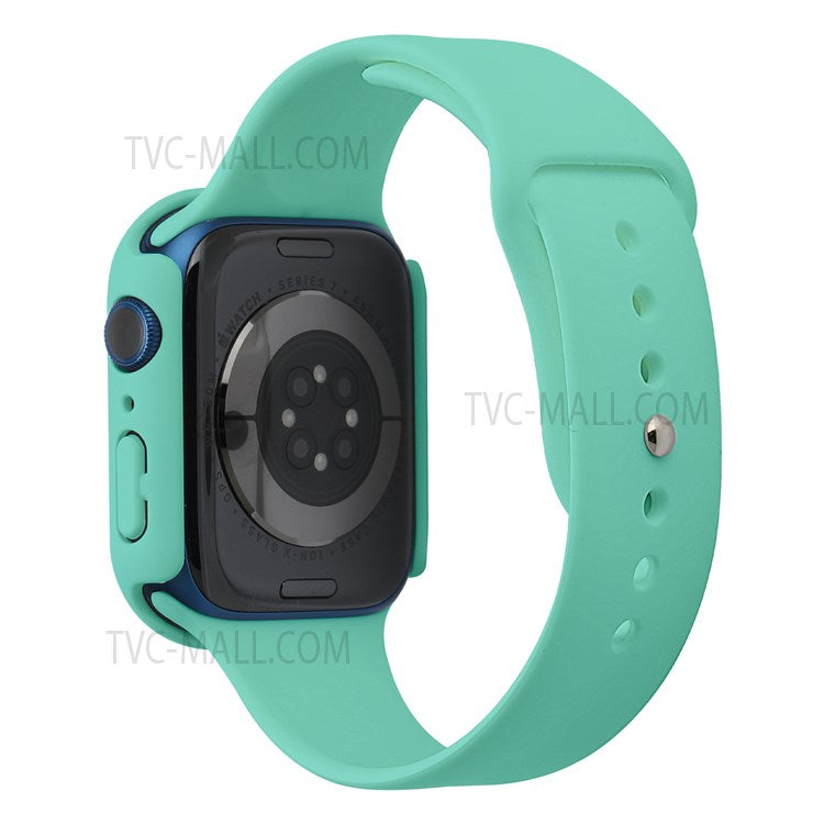 For Apple Watch Series 7 45mm Soft Silicone Watch Band+Hard PC Watch Cover with Tempered Glass Film, Size M / L - Mint Green