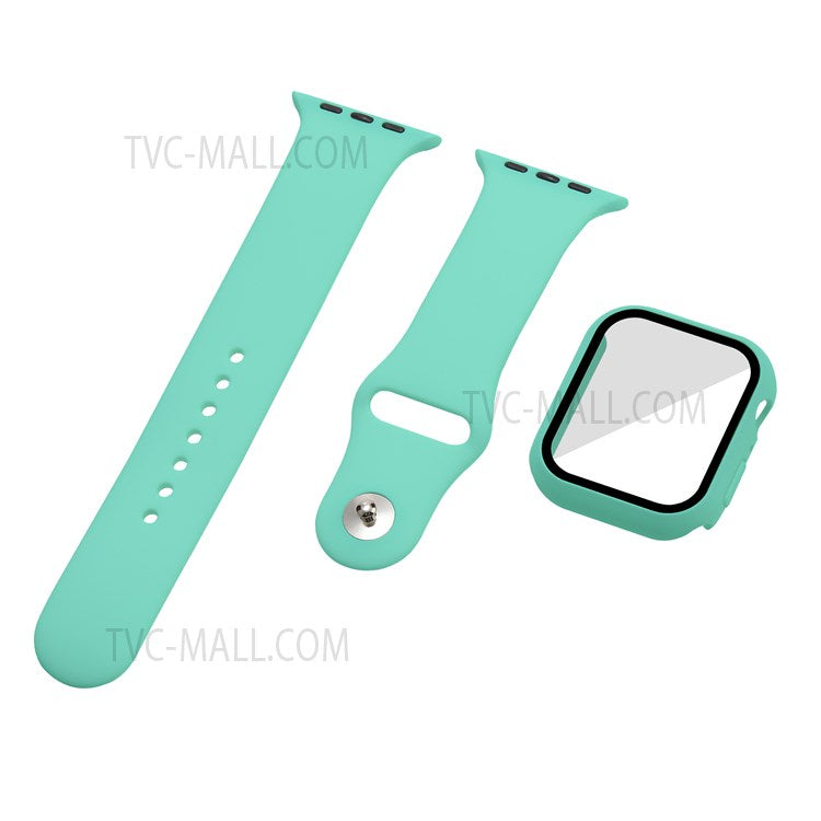 For Apple Watch Series 7 45mm Soft Silicone Watch Band+Hard PC Watch Cover with Tempered Glass Film, Size M / L - Mint Green