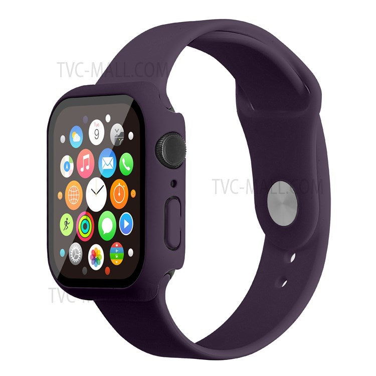 For Apple Watch Series 7 45mm Soft Silicone Watch Band+Hard PC Watch Cover with Tempered Glass Film, Size M / L - Dark Purple