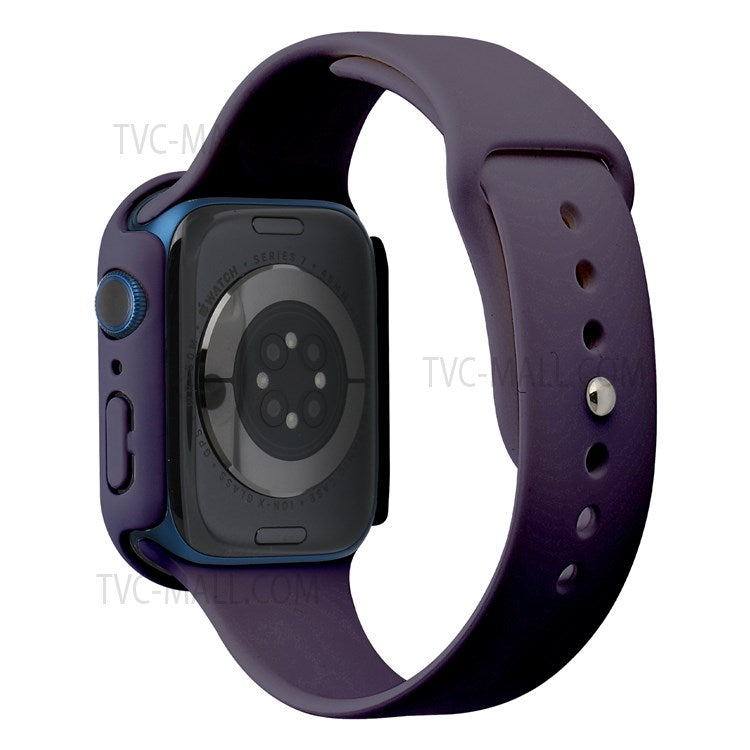 For Apple Watch Series 7 45mm Soft Silicone Watch Band+Hard PC Watch Cover with Tempered Glass Film, Size M / L - Dark Purple