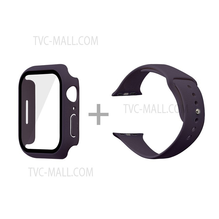 For Apple Watch Series 7 45mm Soft Silicone Watch Band+Hard PC Watch Cover with Tempered Glass Film, Size M / L - Dark Purple