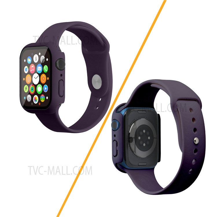 For Apple Watch Series 7 45mm Soft Silicone Watch Band+Hard PC Watch Cover with Tempered Glass Film, Size M / L - Dark Purple