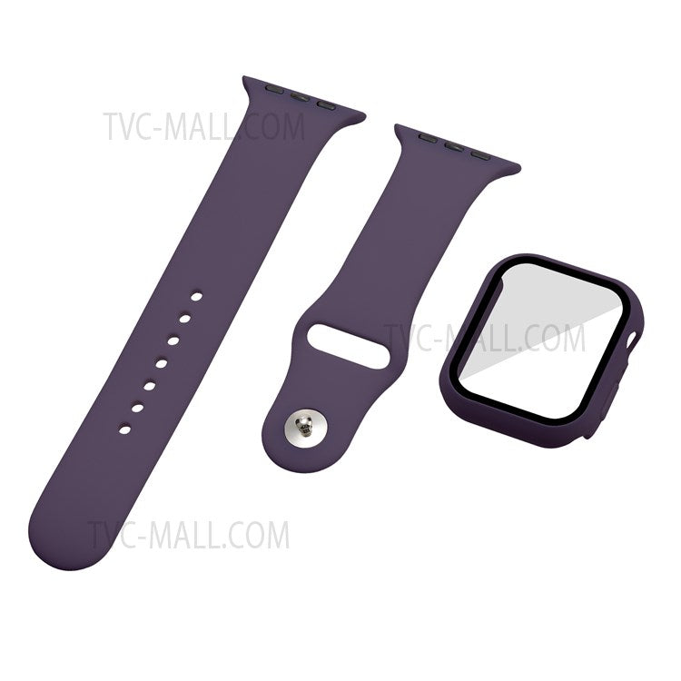 For Apple Watch Series 7 45mm Soft Silicone Watch Band+Hard PC Watch Cover with Tempered Glass Film, Size M / L - Dark Purple