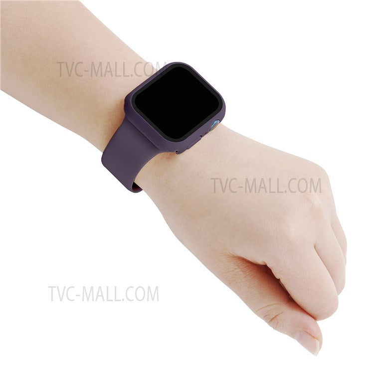 For Apple Watch Series 7 45mm Soft Silicone Watch Band+Hard PC Watch Cover with Tempered Glass Film, Size M / L - Dark Purple