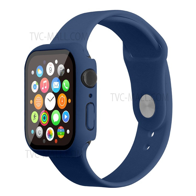 For Apple Watch Series 7 45mm Soft Silicone Watch Band+Hard PC Watch Cover with Tempered Glass Film, Size M / L - Dark Blue