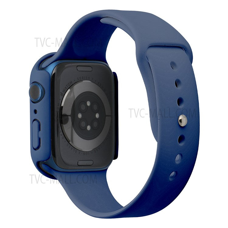 For Apple Watch Series 7 45mm Soft Silicone Watch Band+Hard PC Watch Cover with Tempered Glass Film, Size M / L - Dark Blue