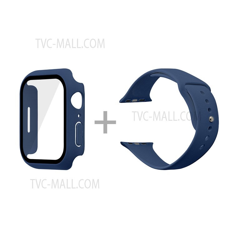 For Apple Watch Series 7 45mm Soft Silicone Watch Band+Hard PC Watch Cover with Tempered Glass Film, Size M / L - Dark Blue
