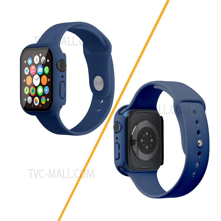 For Apple Watch Series 7 45mm Soft Silicone Watch Band+Hard PC Watch Cover with Tempered Glass Film, Size M / L - Dark Blue