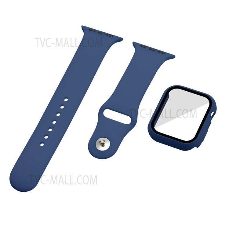For Apple Watch Series 7 45mm Soft Silicone Watch Band+Hard PC Watch Cover with Tempered Glass Film, Size M / L - Dark Blue