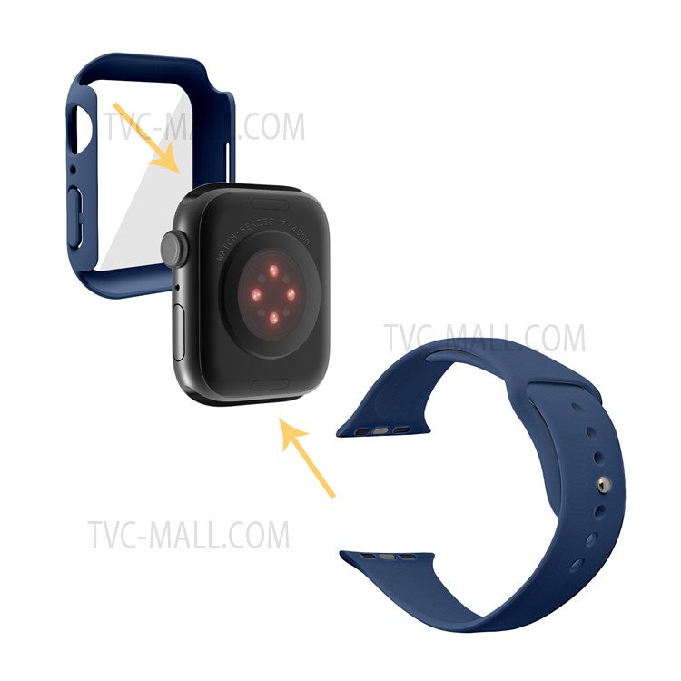 For Apple Watch Series 7 45mm Soft Silicone Watch Band+Hard PC Watch Cover with Tempered Glass Film, Size M / L - Dark Blue