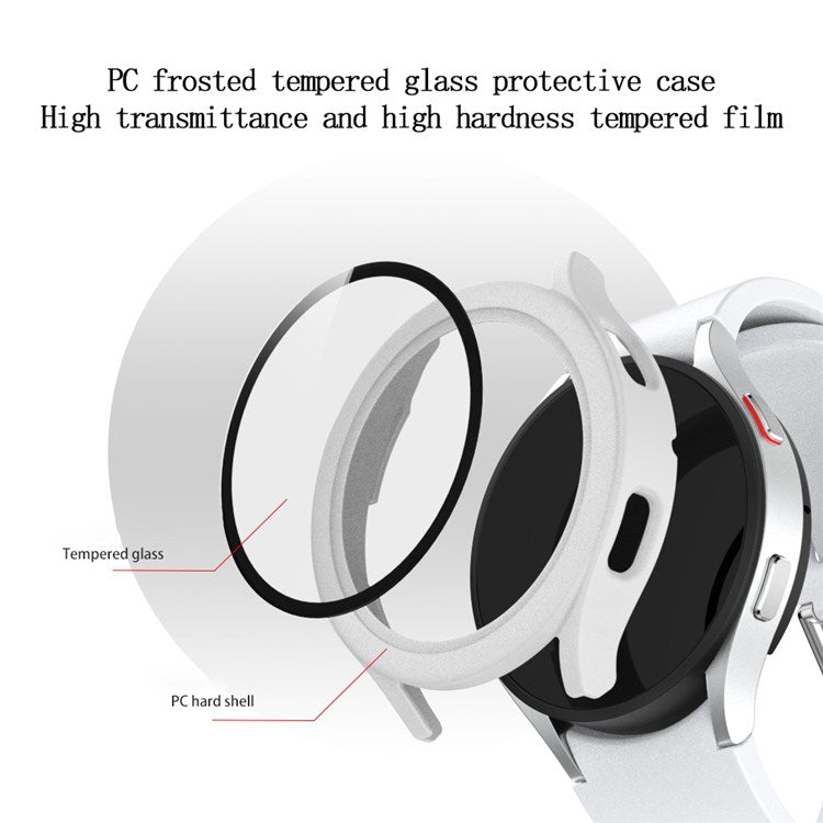 For Samsung Galaxy Watch4 44mm Anti-Scratch Matte PC Case with Tempered Glass Screen Protector Anti-Drop Smart Watch Cover - White