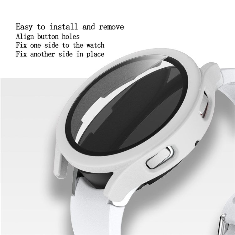 For Samsung Galaxy Watch4 44mm Anti-Scratch Matte PC Case with Tempered Glass Screen Protector Anti-Drop Smart Watch Cover - White