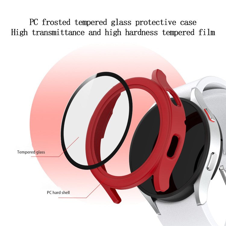For Samsung Galaxy Watch4 44mm Anti-Scratch Matte PC Case with Tempered Glass Screen Protector Anti-Drop Smart Watch Cover - Red