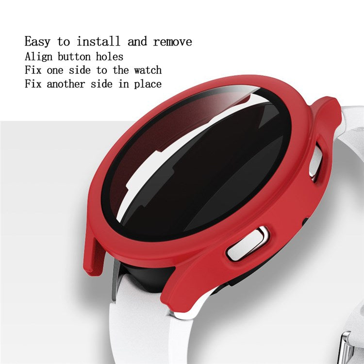 For Samsung Galaxy Watch4 44mm Anti-Scratch Matte PC Case with Tempered Glass Screen Protector Anti-Drop Smart Watch Cover - Red