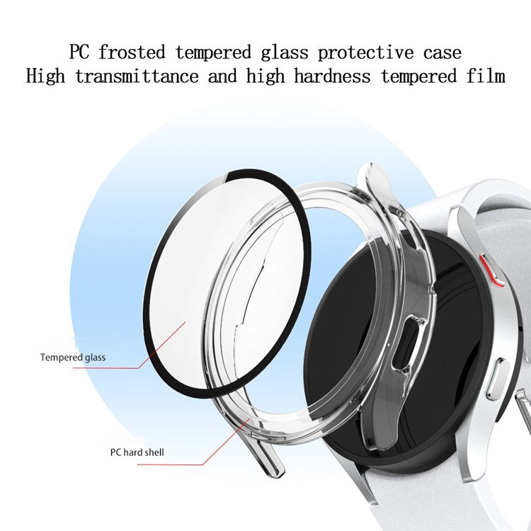 For Samsung Galaxy Watch4 44mm Anti-Scratch Matte PC Case with Tempered Glass Screen Protector Anti-Drop Smart Watch Cover - Transparent