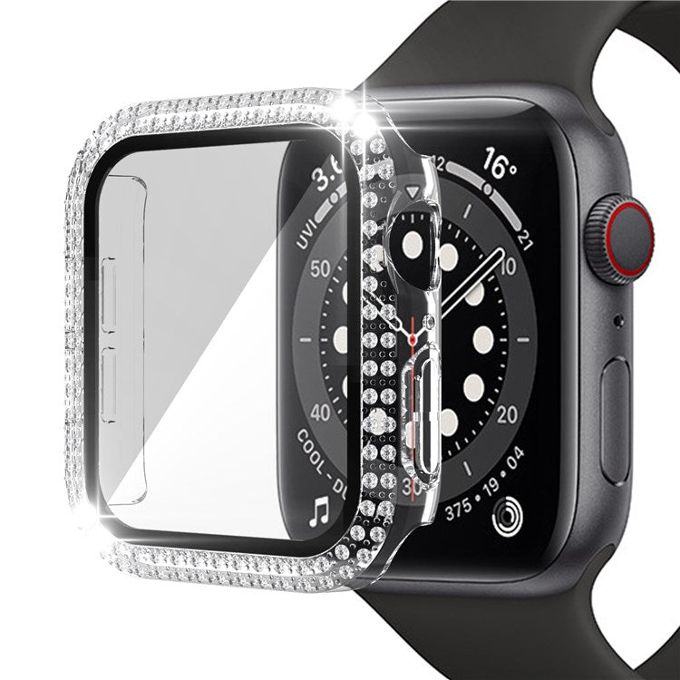 For Apple Watch Series 4 / 5 / 6 44mm / SE 44mm / SE (2022) 44mm Stylish Rhinestone+PC+Tempered Glass Watch Case Cover - Transparent