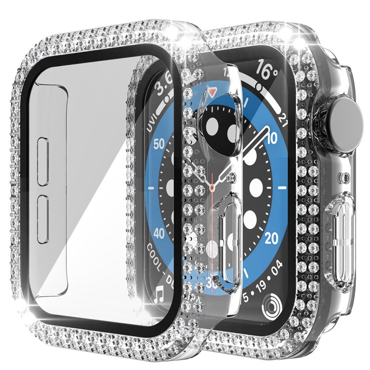 For Apple Watch Series 4 / 5 / 6 44mm / SE 44mm / SE (2022) 44mm Stylish Rhinestone+PC+Tempered Glass Watch Case Cover - Transparent