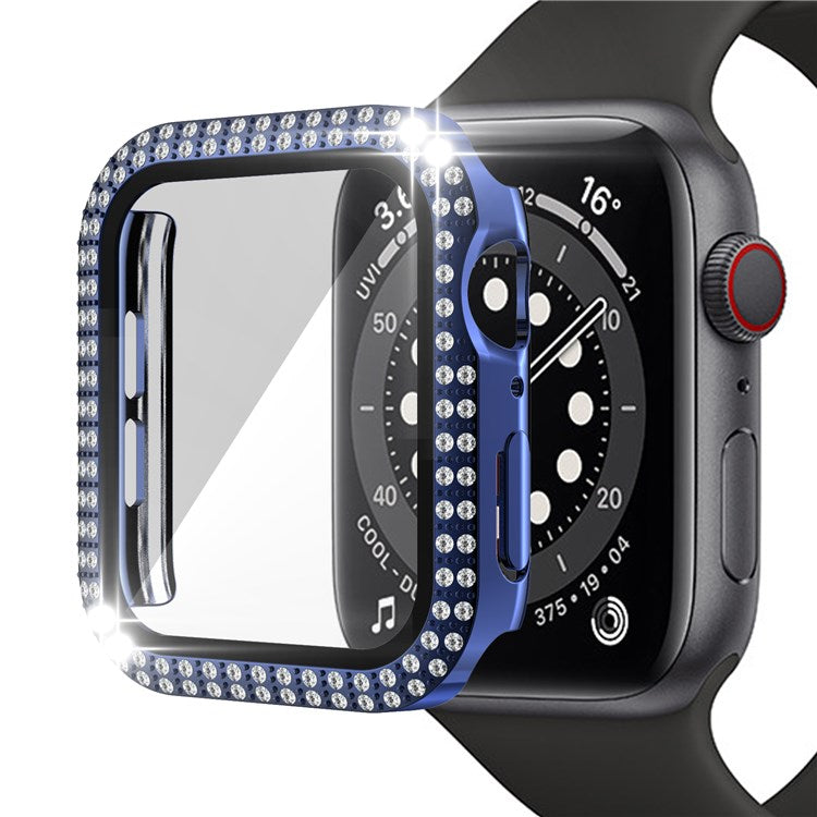 For Apple Watch Series 1/2/3 42mm Drop-proof Anti-scratch Rhinestone+PC+Tempered Glass Smart Watch Case Cover - Navy Blue