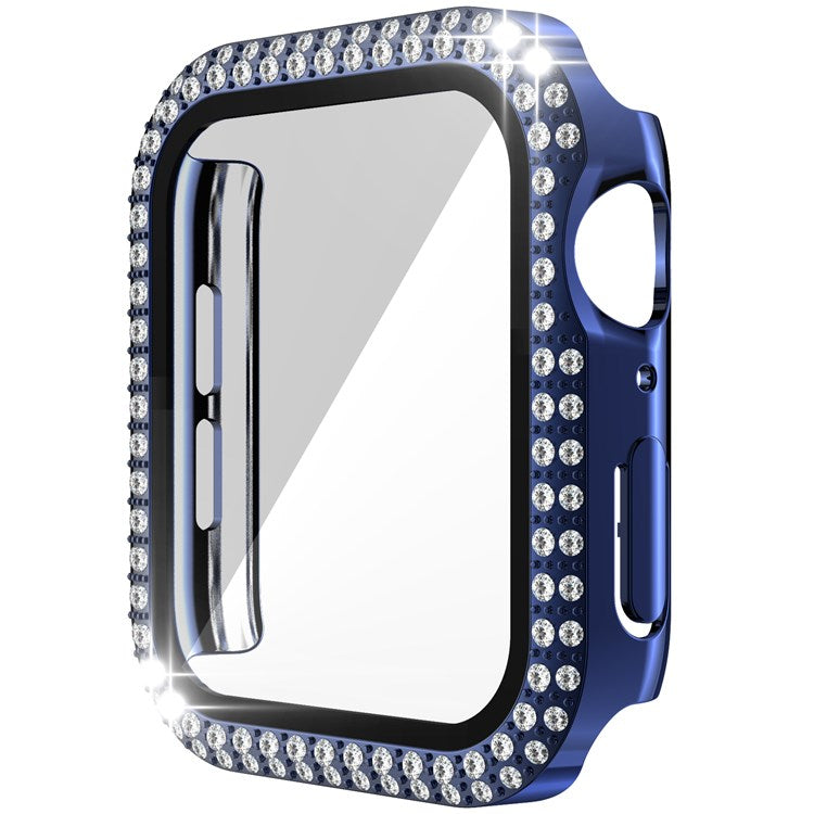 For Apple Watch Series 1/2/3 42mm Drop-proof Anti-scratch Rhinestone+PC+Tempered Glass Smart Watch Case Cover - Navy Blue