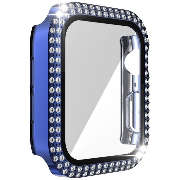 For Apple Watch Series 1/2/3 42mm Drop-proof Anti-scratch Rhinestone+PC+Tempered Glass Smart Watch Case Cover - Navy Blue