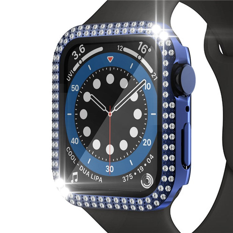 For Apple Watch Series 1/2/3 42mm Drop-proof Anti-scratch Rhinestone+PC+Tempered Glass Smart Watch Case Cover - Navy Blue