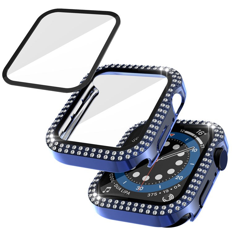 For Apple Watch Series 1/2/3 42mm Drop-proof Anti-scratch Rhinestone+PC+Tempered Glass Smart Watch Case Cover - Navy Blue