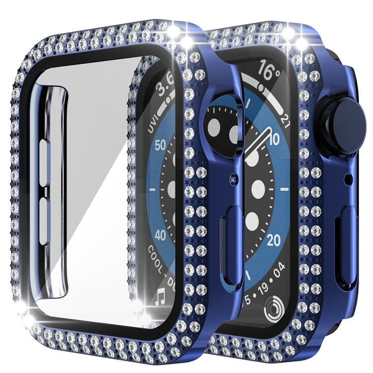 For Apple Watch Series 1/2/3 42mm Drop-proof Anti-scratch Rhinestone+PC+Tempered Glass Smart Watch Case Cover - Navy Blue