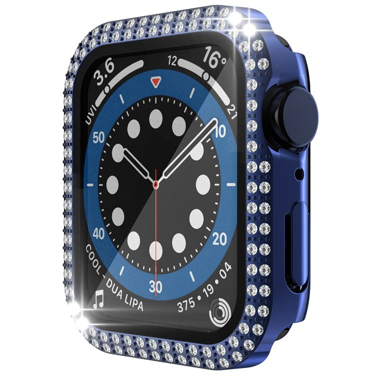 For Apple Watch Series 1/2/3 42mm Drop-proof Anti-scratch Rhinestone+PC+Tempered Glass Smart Watch Case Cover - Navy Blue