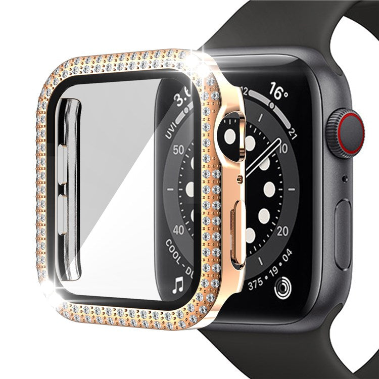 For Apple Watch Series 1/2/3 42mm Drop-proof Anti-scratch Rhinestone+PC+Tempered Glass Smart Watch Case Cover - Rose Gold