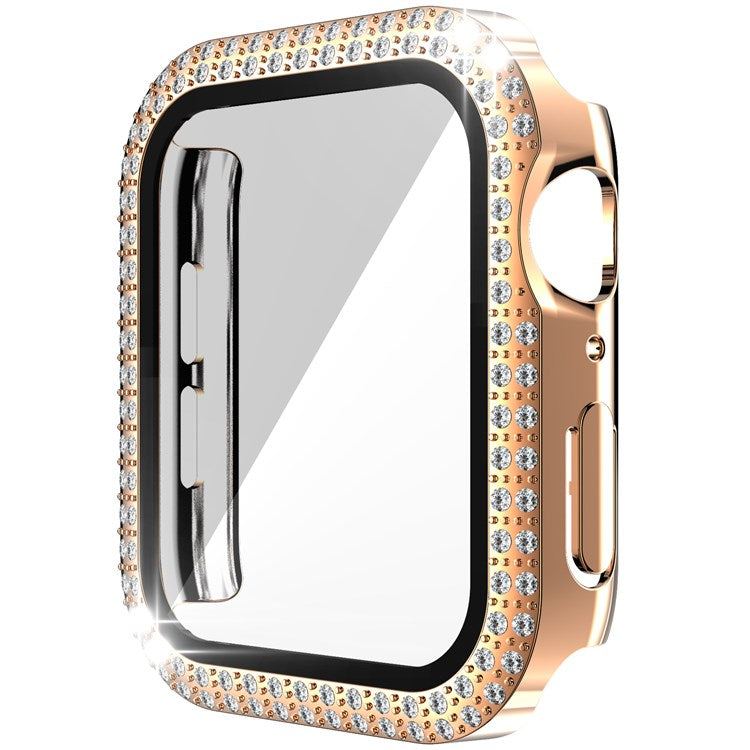 For Apple Watch Series 1/2/3 42mm Drop-proof Anti-scratch Rhinestone+PC+Tempered Glass Smart Watch Case Cover - Rose Gold